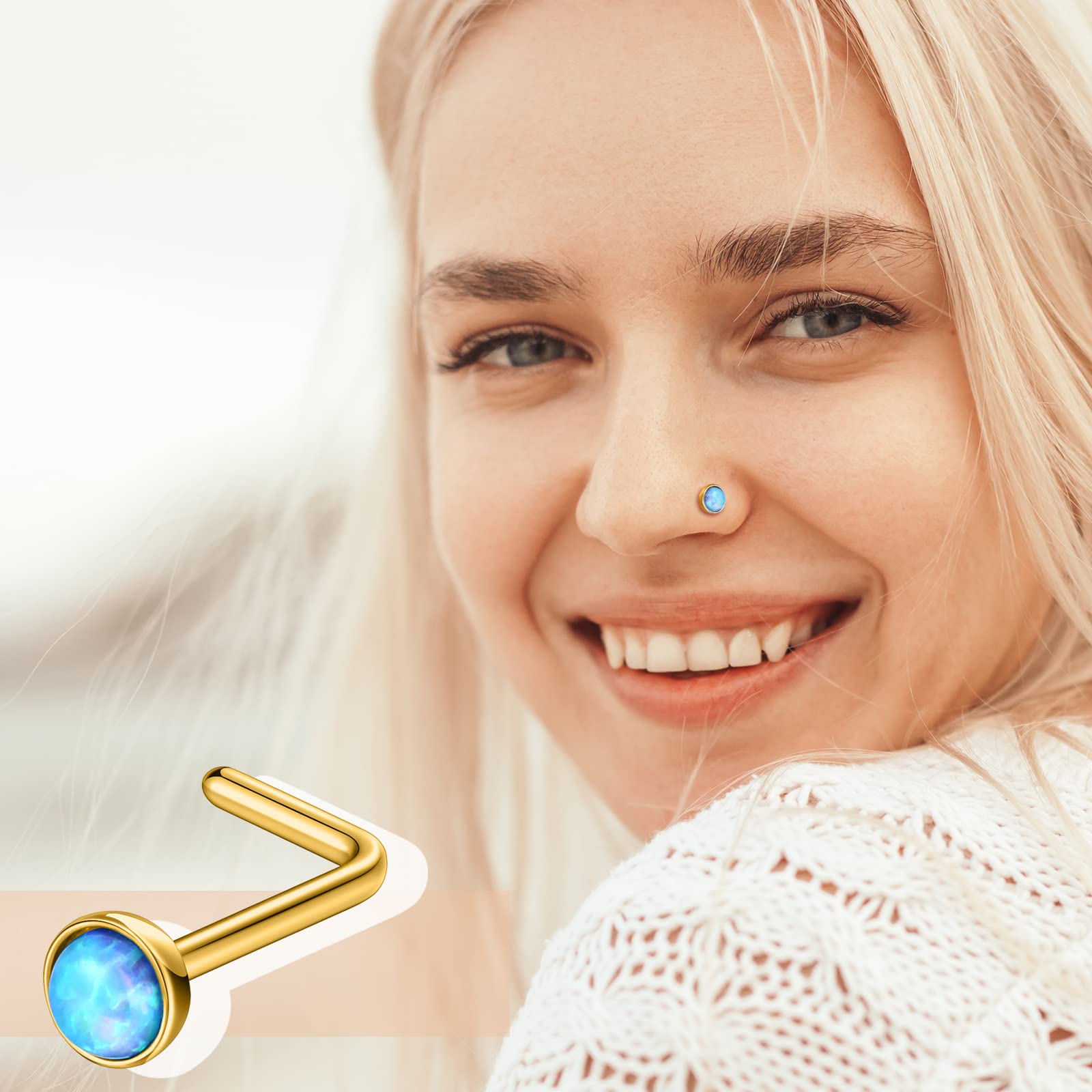 Bonuci 18 Pcs Dangle Nose Ring L Shaped Dangling Nose Stud Nose Ring Hoop Indian Nose Piercing Jewelry with Charm (Gold)