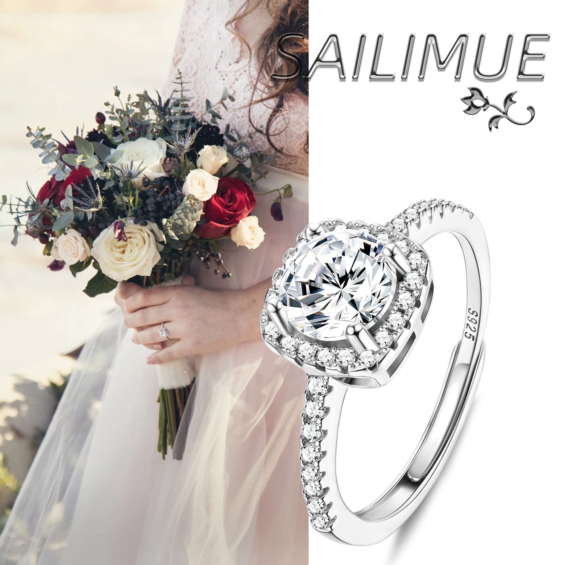 SAILIMUE 925 Sterling Silver Engagement Rings For Women Adjustable Rings Square Cubic Zirconia CZ Solitaire Halo Wedding Promise Eternity Ring