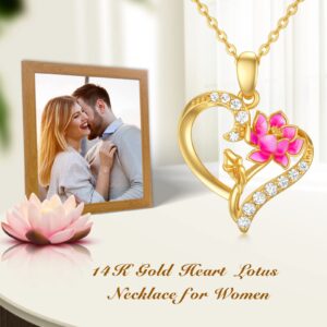 14K Gold Birth Flower Necklace for Women,Yellow Gold Created Moissanite Heart Pendant Orchid/Lotus Necklaces,Dainty Birth Month Floral Jewelry Gifts for Birthday Valentines Anniversary,16''-18'' (07-Jul-Lotus)