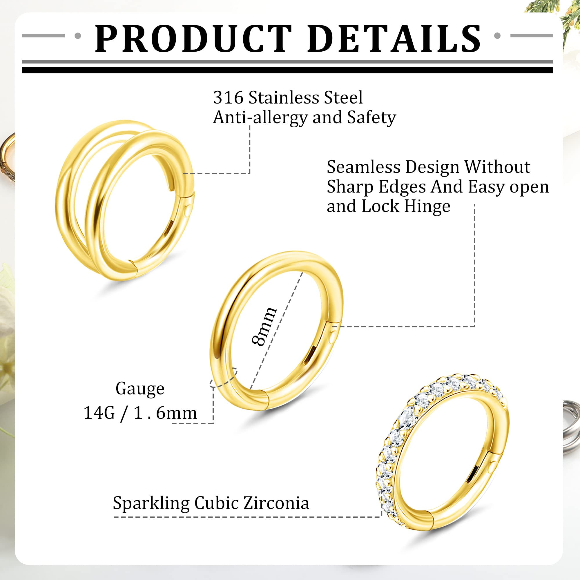 LOLIAS 14G Belly Button Rings for Women Surgical Steel Hoop Belly Button Rings Gold Tone CZ Navel Rings Diamond Belly Button Piercing Jewelry 3Pcs 8MM