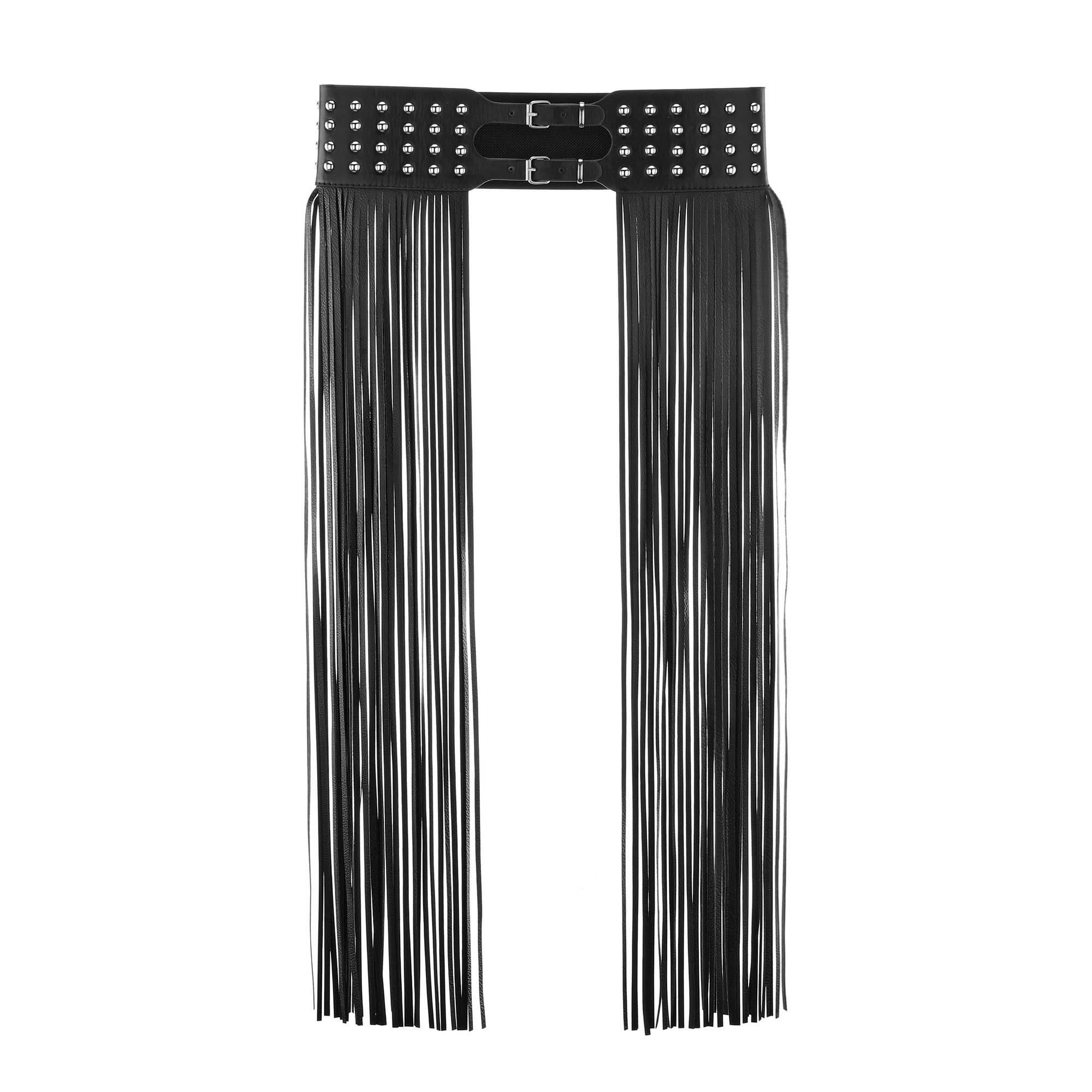 Ayliss Women Punk Waist Belt Rivet Studded Tassel Fringe Skirt Belt Double Grommet PU Leather Elastic Waistband Rocker (Black #1)