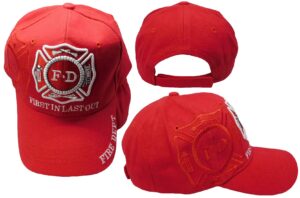 trade winds fire department dept first in last out red with red shadow cotton adjustable embroidered baseball hat cap, black, 7 3/4