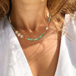 Irregular Green Turquoise Necklace,Irregular Pearl Shape Necklace,Bohemian Necklace,Handmade Single Layered Necklaces for Women