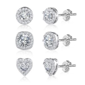 alexcraft sterling silver halo stud earrings for women cubic zirconia round heart square diamond large silver stud set 3 pairs