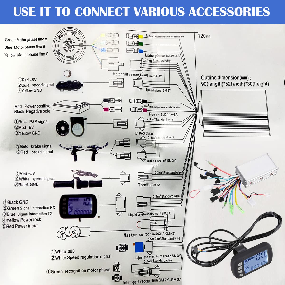 YOLUFER 24V/36V 250W/350W Brushless Motor Controller Kit Electric Motor Control with LCD Panel for E-Bike Electric Bike Scooter