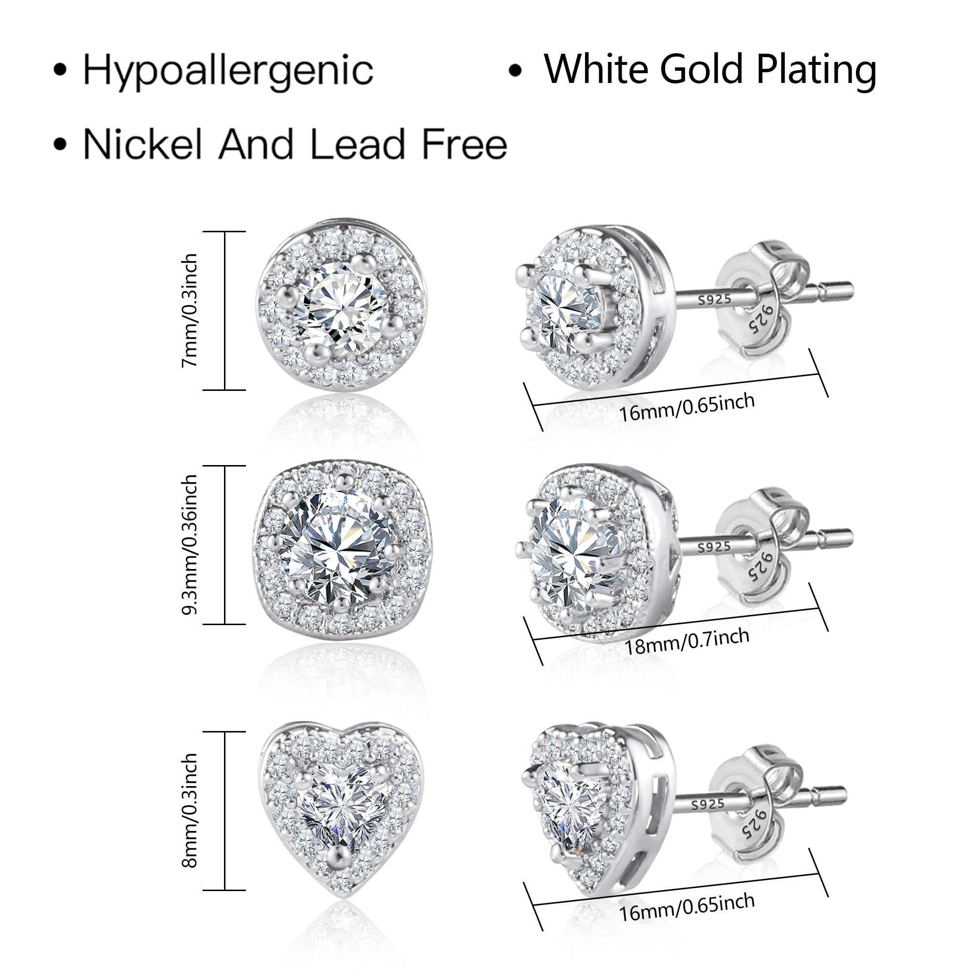 ALEXCRAFT Sterling Silver Halo Stud Earrings for Women Cubic Zirconia Round Heart Square Diamond Large Silver Stud Set 3 Pairs