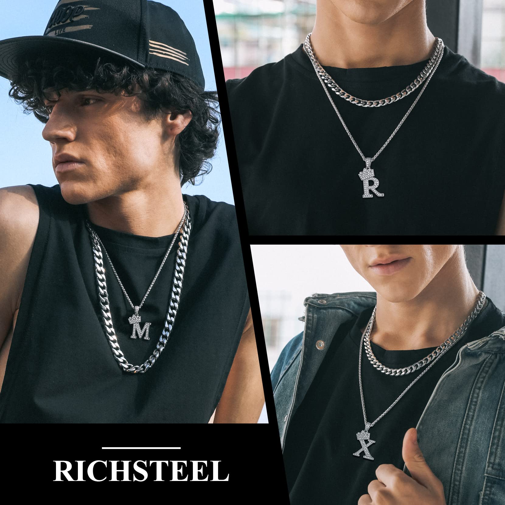 Richsteel Shiny Cubic Zirconia Letter K Necklace for Men Women Initial Pendant Jewelry