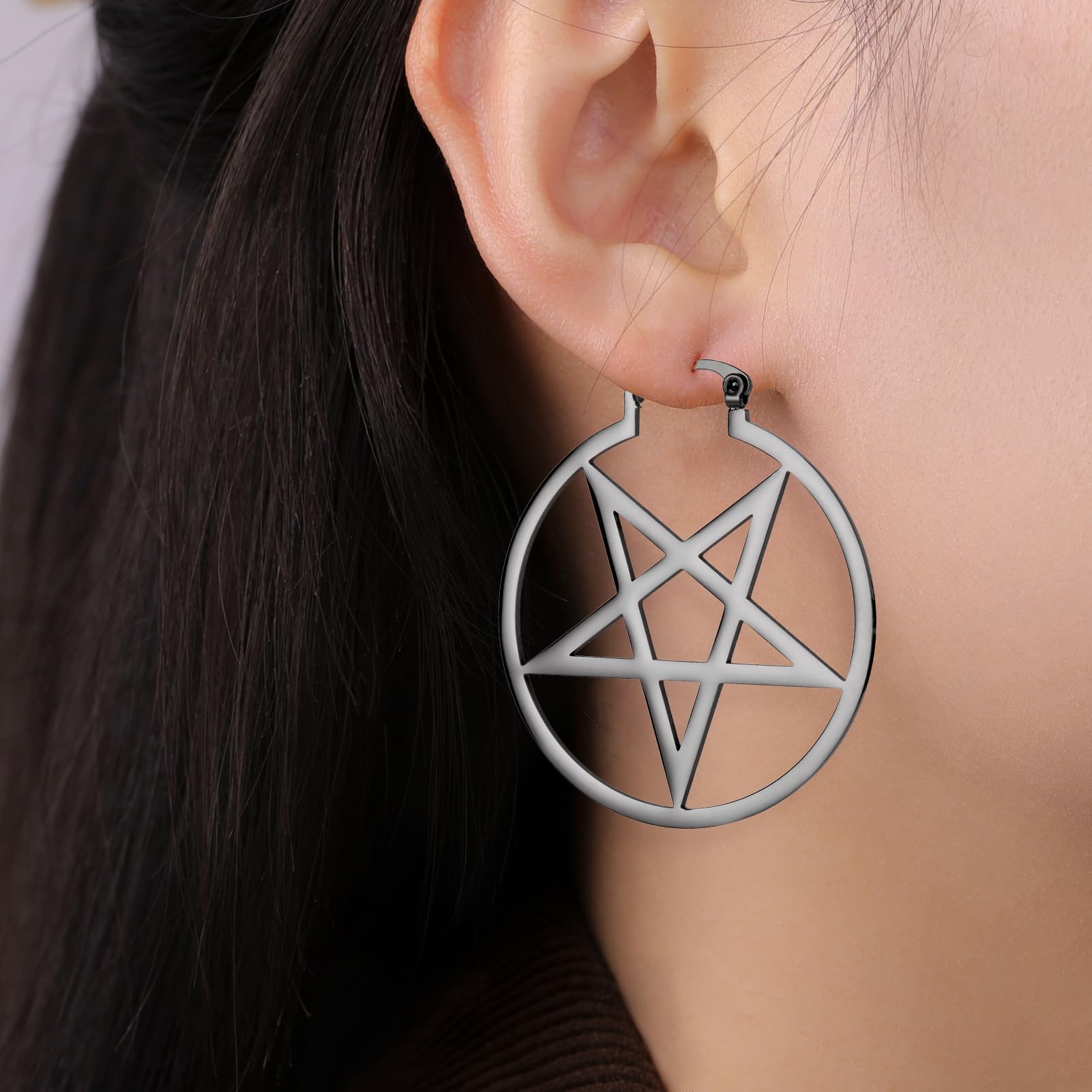 LIKGREAT Large Pentagram Earrings for Women Pentacle Buckle Hoop Earrings Pagan Wiccan Earrings Halloween Party Jewelry (pentacle in circle, black)