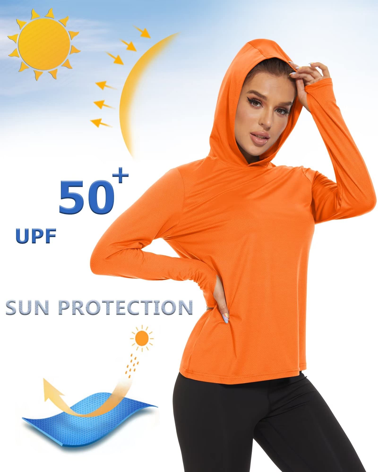 KEFITEVD Sun Hoodie Women UV Protection Sun Shirts Outdoor Cooling Performance Shirts Long Sleeve Rash Guard Lightweight Fishing Shirts Orange