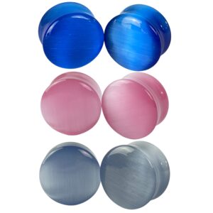 mystic metals body jewelry set of 3 pairs cat eye stone convex double flare plugs (blue, grey, pink)(bp-038) (0g (8mm))