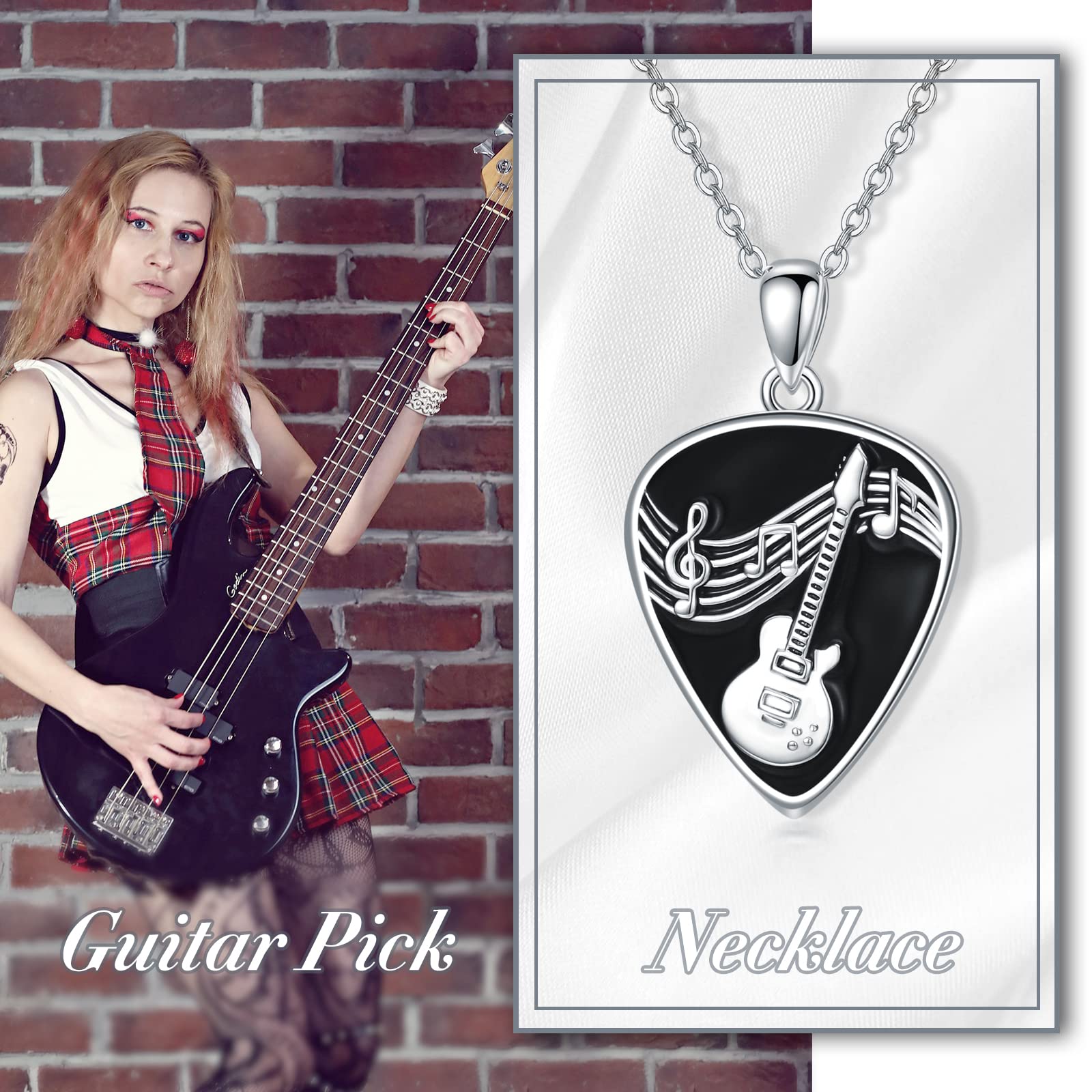 VONALA Guitar Pick Necklace 925 Sterling Silver Guitar Plectrum with Music Note Pendant Necklaces Jewelry Musical Guitarist Gifts for Women Men