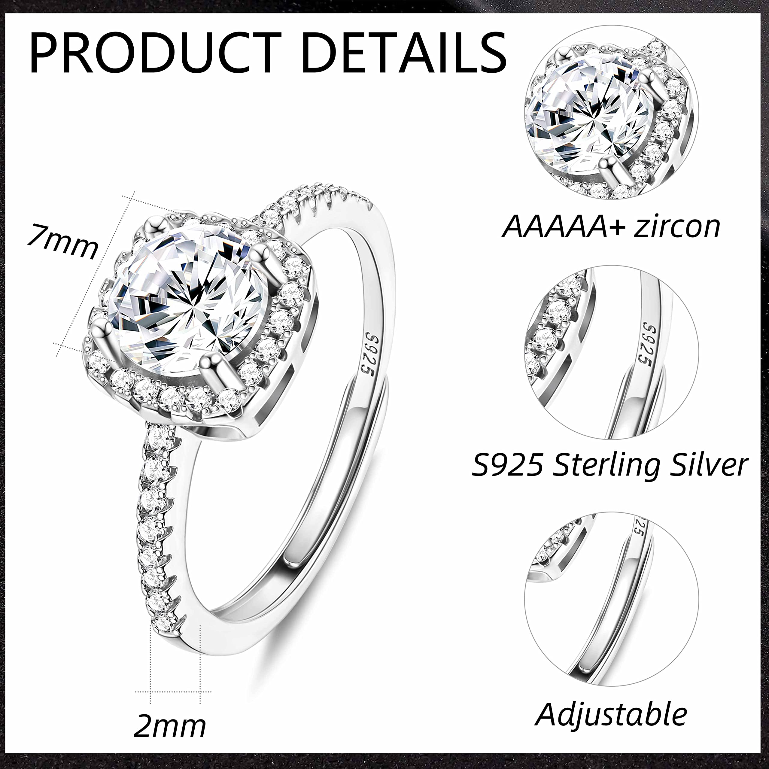 SAILIMUE 925 Sterling Silver Engagement Rings For Women Adjustable Rings Square Cubic Zirconia CZ Solitaire Halo Wedding Promise Eternity Ring