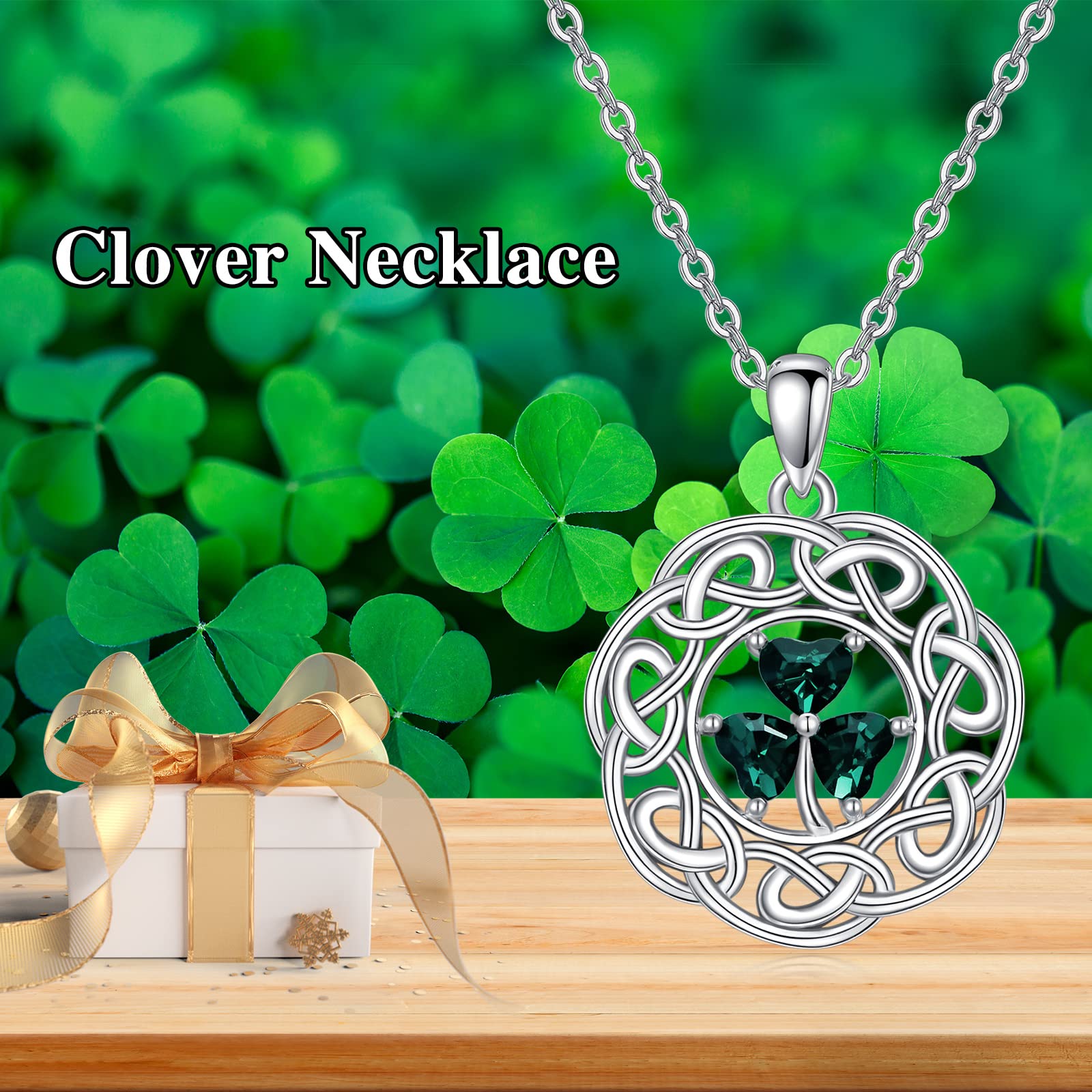 VONALA Clover Necklace with Crystal 925 Sterling Silver Celtic Shamrock Pendant Necklaces Irish Lucky Jewelry St Patricks Day Gifts for Women