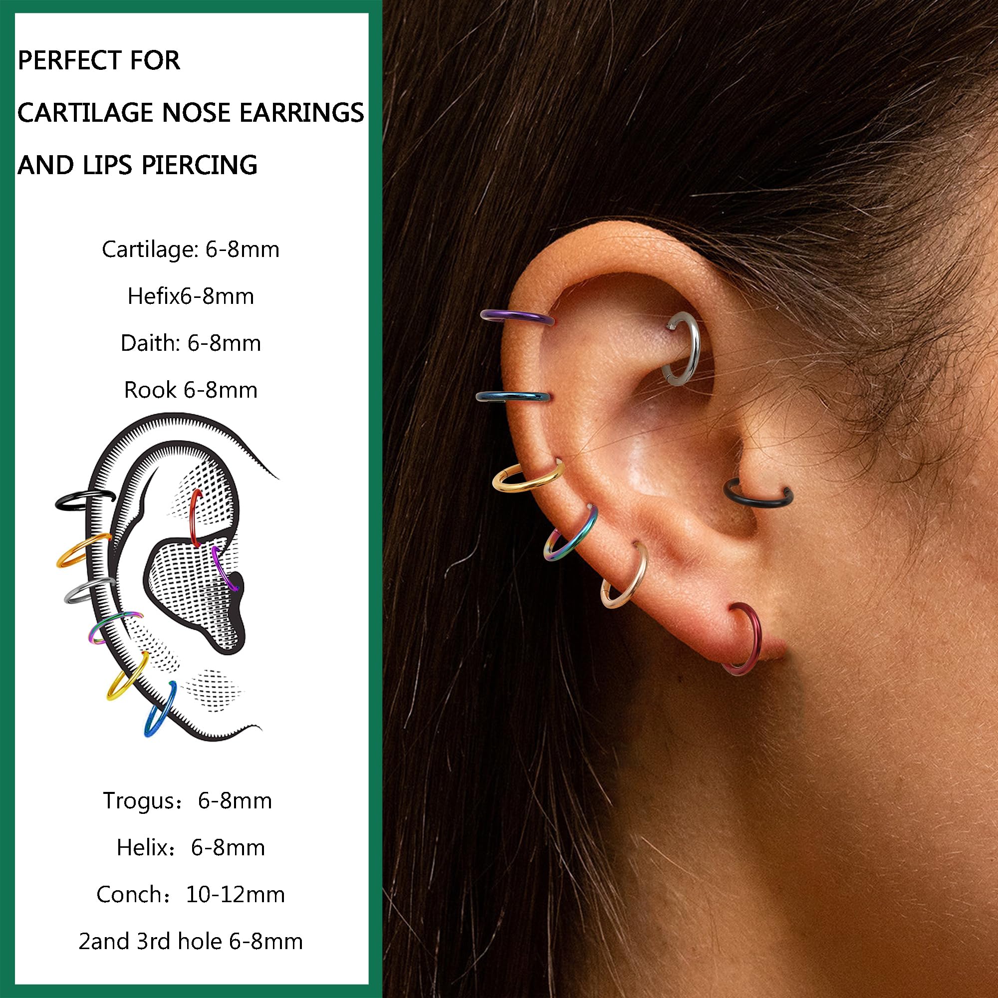 SAILIMUE 8 Pcs 16G 18G G23 Titanium Nose Rings Hoop for Women Men Multi-Color Hinged Cartilage Lip Septum Rings Helix Conch Tragus Piercing Jewelry 8MM 10MM