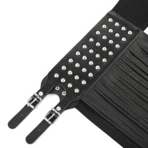 Ayliss Women Punk Waist Belt Rivet Studded Tassel Fringe Skirt Belt Double Grommet PU Leather Elastic Waistband Rocker (Black #1)