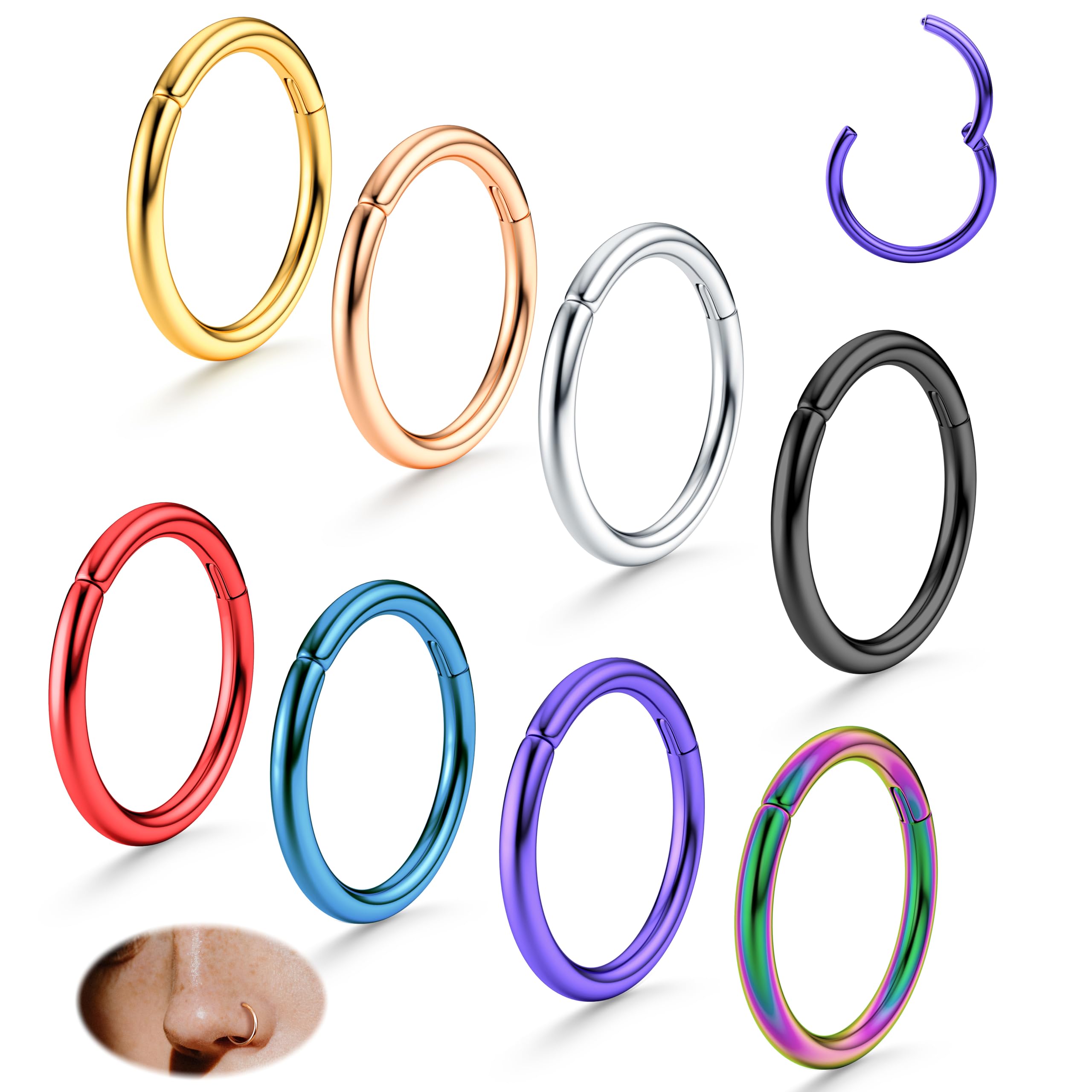 SAILIMUE 8 Pcs 16G 18G G23 Titanium Nose Rings Hoop for Women Men Multi-Color Hinged Cartilage Lip Septum Rings Helix Conch Tragus Piercing Jewelry 8MM 10MM