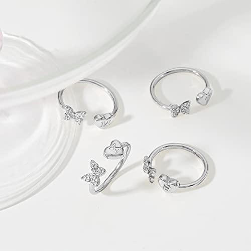 Sora Tuki S Initial Ring for Women Silver Letter Ring Adjustable Rings Butterfly Heart Initial Rings for Women Dainty Stackable Rings Cute Silver Rings