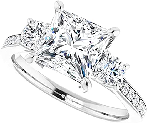 Moissanite World 3-Stone Moissanite Ring Princess 2.0CT, Moissanite Engagement Ring/Moissanite Wedding Ring/Bridal Ring Set 925 Sterling Silver Perfact for Gift Or As You Want (6)