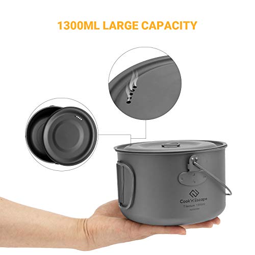 COOK'N'ESCAPE 1300ML Titanium Hanging Pot with Lid Cookware Pot with Collapsible Foldable Bail Handle Outdoor Camping Drinking Cup Backpacking Hiking Campfire, Grey