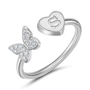 Sora Tuki S Initial Ring for Women Silver Letter Ring Adjustable Rings Butterfly Heart Initial Rings for Women Dainty Stackable Rings Cute Silver Rings