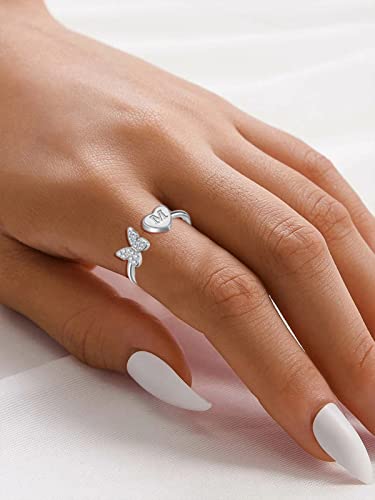 Sora Tuki S Initial Ring for Women Silver Letter Ring Adjustable Rings Butterfly Heart Initial Rings for Women Dainty Stackable Rings Cute Silver Rings