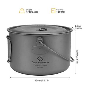 COOK'N'ESCAPE 1300ML Titanium Hanging Pot with Lid Cookware Pot with Collapsible Foldable Bail Handle Outdoor Camping Drinking Cup Backpacking Hiking Campfire, Grey