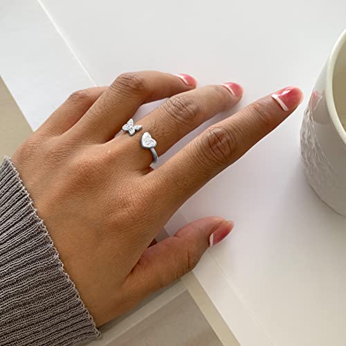 Sora Tuki S Initial Ring for Women Silver Letter Ring Adjustable Rings Butterfly Heart Initial Rings for Women Dainty Stackable Rings Cute Silver Rings