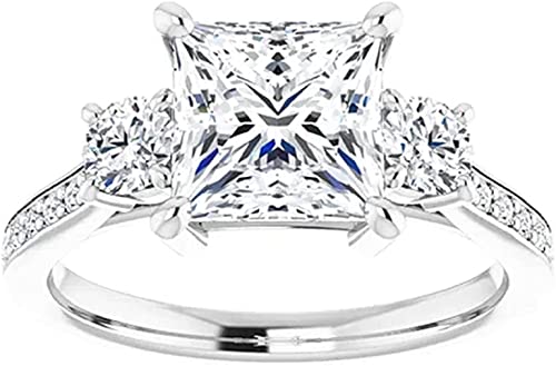 Moissanite World 3-Stone Moissanite Ring Princess 2.0CT, Moissanite Engagement Ring/Moissanite Wedding Ring/Bridal Ring Set 925 Sterling Silver Perfact for Gift Or As You Want (6)