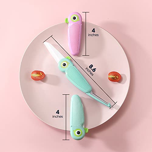 S.ROKE TTAN Portable Ceramic Paring Knife - 2.5 Inches Sharp Blade, Small Folding Knife, Cutter Peeler 2 in 1, Mini Cute Portable Fruit Knife for Travel, Camping (Pink + Green)