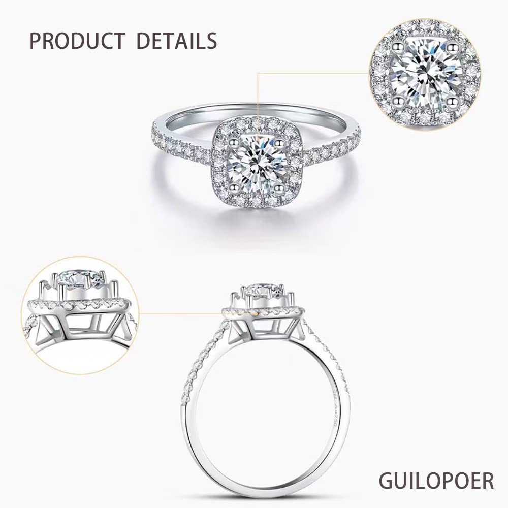 GUILOPOER 1 Carat Cushion Cut D Color VVS Moissanite Engagement Ring S925 Sterling Silver Moissanite Rings for Women Wedding Promise Anniversary Bridal Valentines