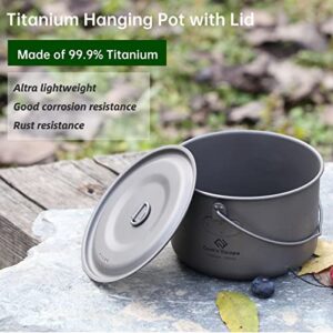 COOK'N'ESCAPE 1300ML Titanium Hanging Pot with Lid Cookware Pot with Collapsible Foldable Bail Handle Outdoor Camping Drinking Cup Backpacking Hiking Campfire, Grey