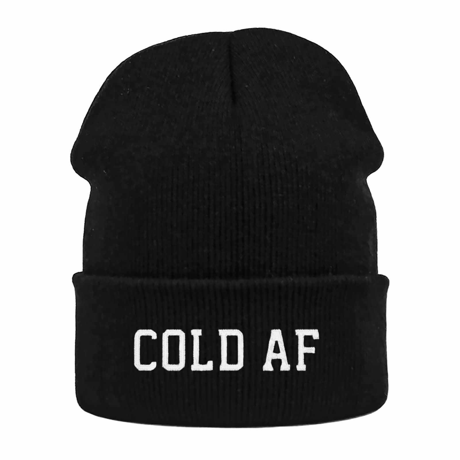 Winter Hat Beanie for Men Women Cold AF Funny Slouchy Knit Cuffed Beanie Skull Cap Hat Custom Unisex Warm Soft Headwear - Christmas Stocking Stuffers Gifts for Him Her Boys Mom Dad Wife Husband Black