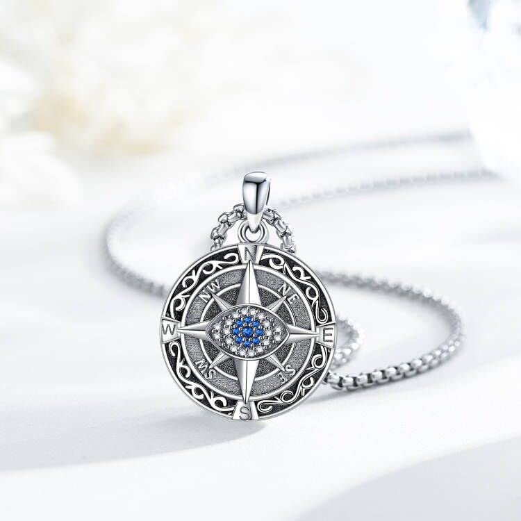 Midir&Etain Evil Eye Necklace S925 Sterling Silver Compass Necklace Life Compass Travel Pendant Evil Eye Amulet Inspirational Graduation Gift Jewelry Men Women