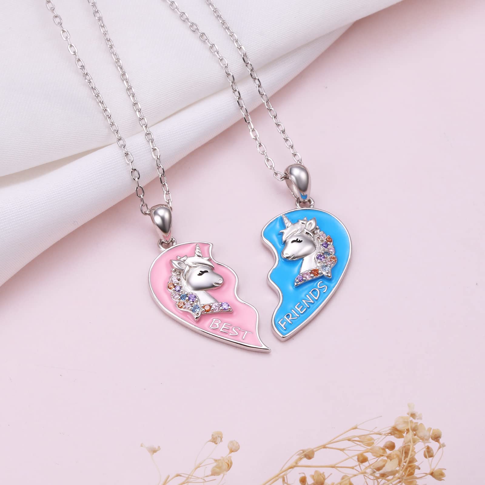 JZMSJF S925 Sterling Silver Best Friends Necklaces for 2 Unicorn BFF Friendship Matching Heart Set Jewelry Birthday Gifts