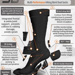 GermaPro Black/White Hiking Work Boot Cushion Socks for Men & Women w/Anti-Blister Moisture Wicking Functional Fabric 2 pairs