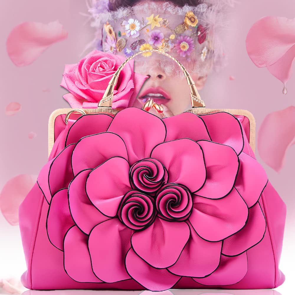 ZiMing Women Top Handle Handbags 3D Floral Genuine Leather Tote Bags Kiss Lock Evening Handbag Stylish Satchel Shoulder Bag Crossbody Bag Premium Purse for Party Wedding-Rose red