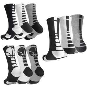 olchee boys sock basketball soccer hiking ski athletic outdoor sports thick calf high elite crew sock 9 pack black white grey, size s