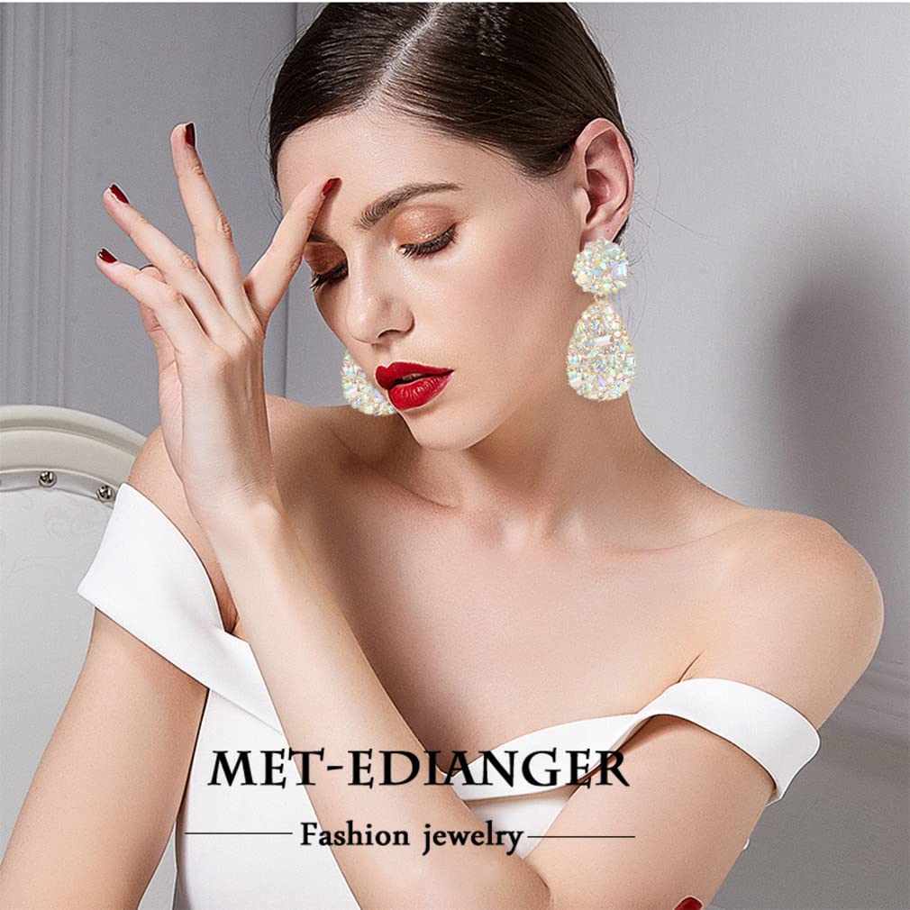 Met-edianger Met-edianger AB Rhinestone Statement Earrings White Teardrop Costume Earrings Iridescent Crystal Chandelier Drop Dangle Earrings for Women Wedding Bridal