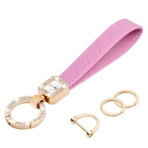 wisdompro microfiber leather car keychain, universal bling car key fob keychain key chain holder with anti-lost d-ring and 2 keyrings for women - pink