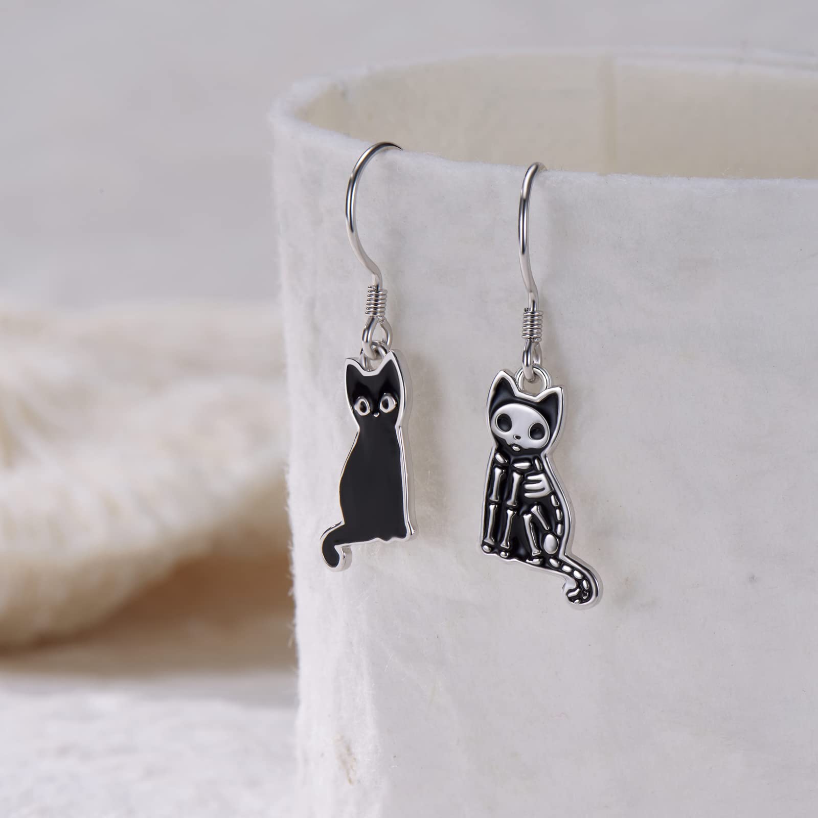 Cute Black Cat Earrings 925 Sterling Silver Halloween Black Cat Skeleton Cat Drop Dangle Earrings Halloween Jewelry for Women