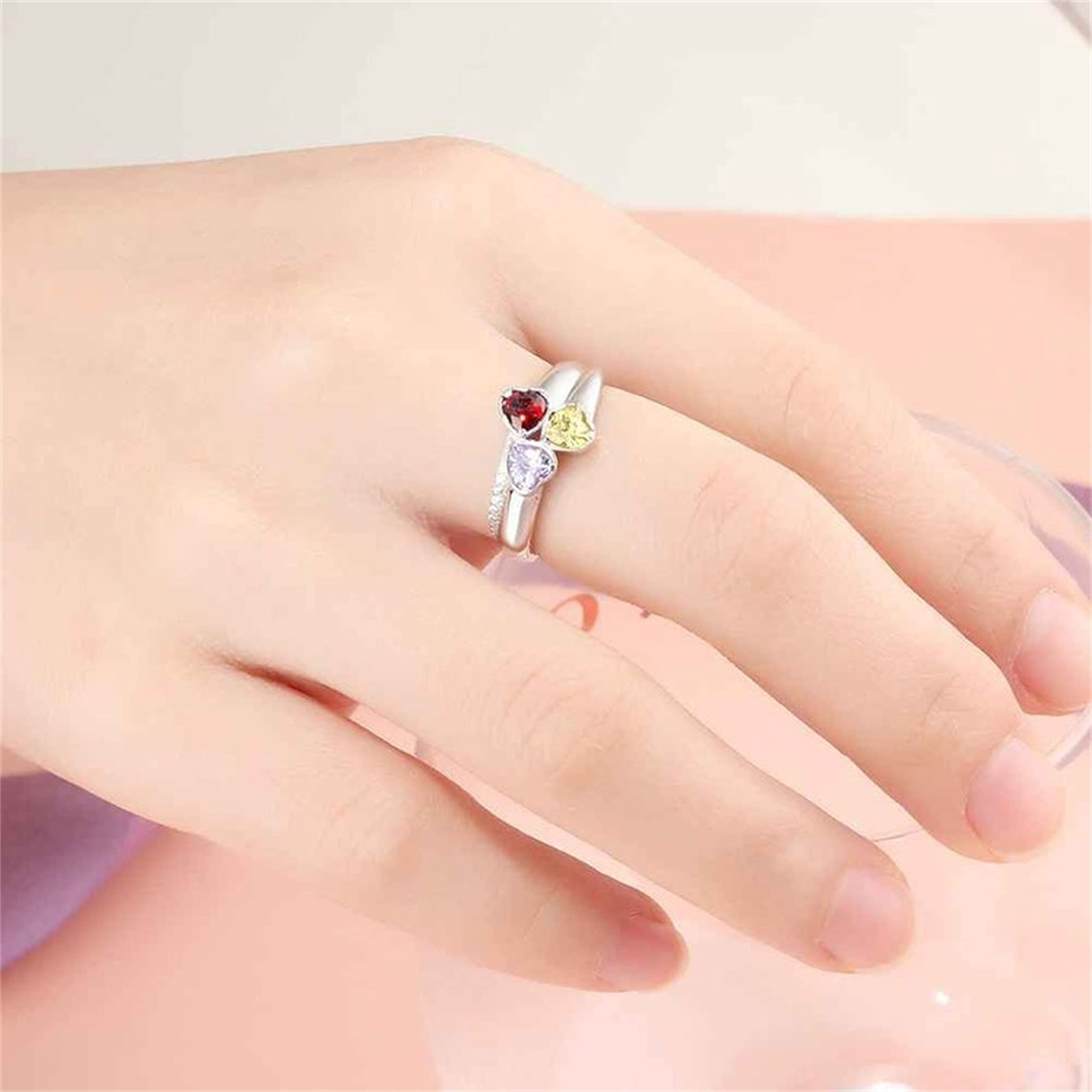 YOOSHINING Personalized Mothers Ring 925 Sterling Silver Rings Mothers Ring with 3 Birthstones Custom Birthstone Rings for Mothers Women Heart Ring for Birthday Wedding Anniversary Mothers Day Gifts