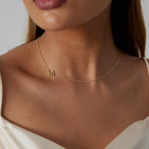 VIROMY Dainty Sideways Initial Name Necklace for Women 14K Gold Plated Minimalist Letter Necklace Personalized Name Choker Necklaces Simple Everyday Jewelry J