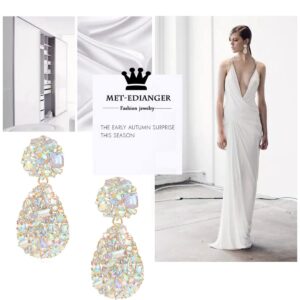 Met-edianger Met-edianger AB Rhinestone Statement Earrings White Teardrop Costume Earrings Iridescent Crystal Chandelier Drop Dangle Earrings for Women Wedding Bridal