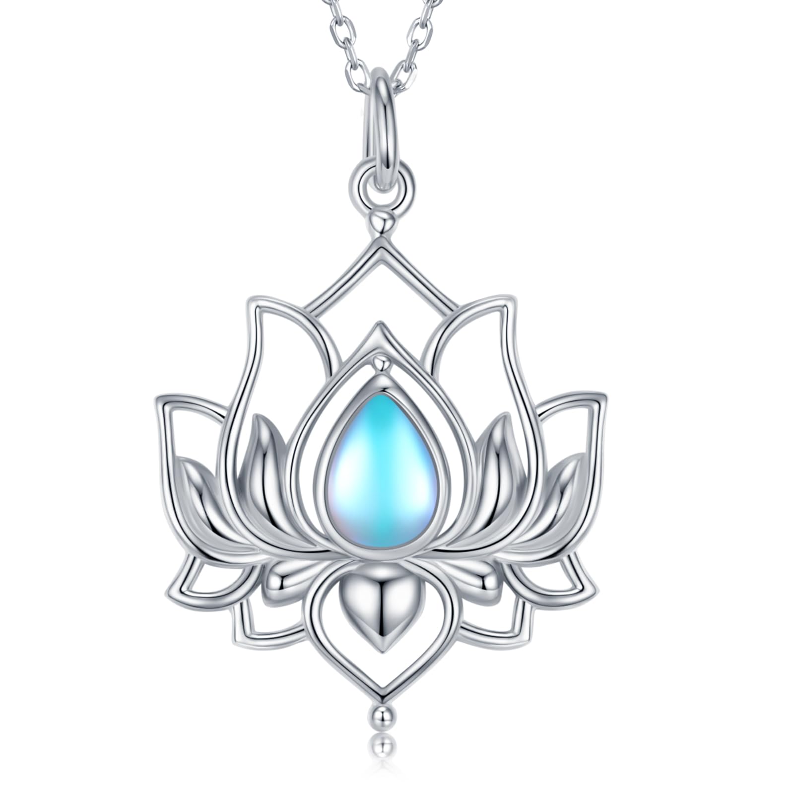 Moonstone Lotus Necklaces for Women,925 Sterling Silver Lotus Pendant Necklace with Rainbow Moonstone, Sterling Silver, Moonstone