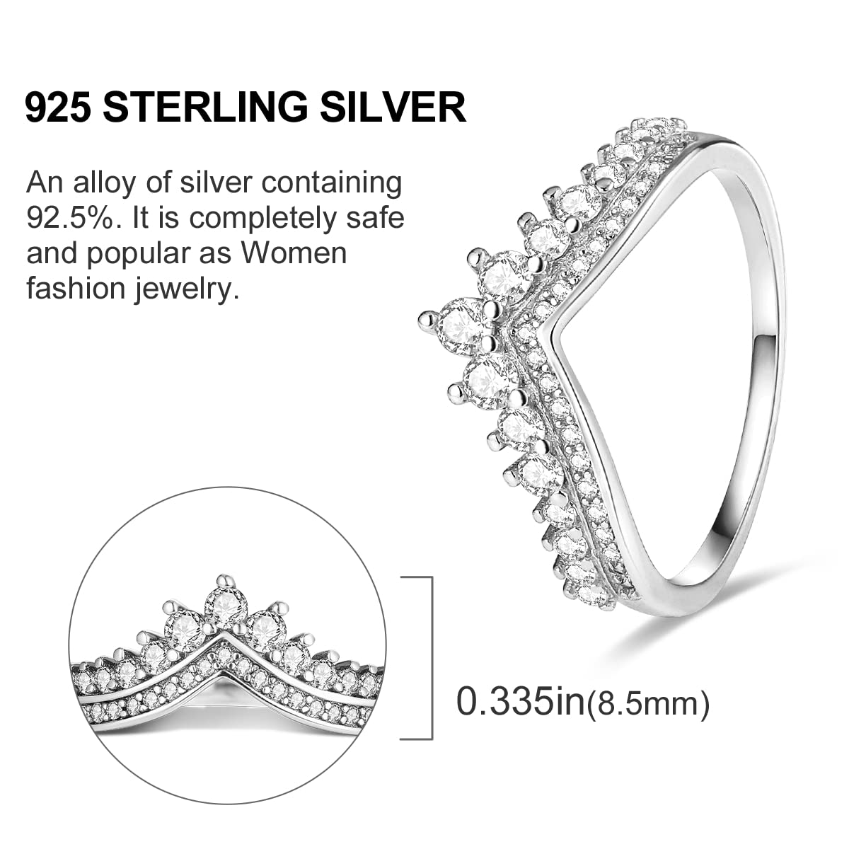 NARMO Sterling Silver Ring Princess Wish Cubic Zirconia Ring for Women Wedding Rings