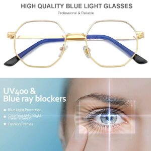 Gleyemor Blue Light Glasses for Women Men Vintage Octagonal Metal Gold Frame Computer Glasses (Gold)