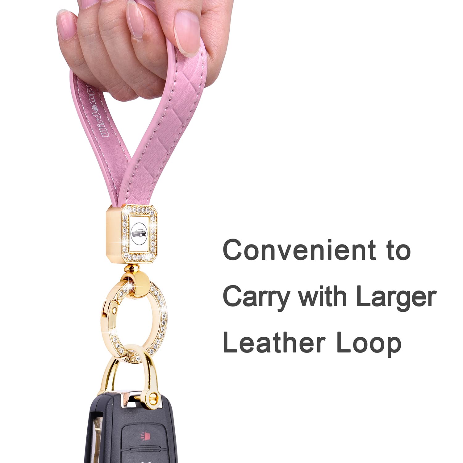 Wisdompro Microfiber Leather Car Keychain, Universal Bling Car Key FOB Keychain Key Chain Holder with Anti-lost D-ring and 2 Keyrings for Women - Pink