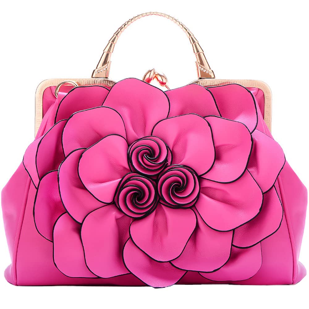 ZiMing Women Top Handle Handbags 3D Floral Genuine Leather Tote Bags Kiss Lock Evening Handbag Stylish Satchel Shoulder Bag Crossbody Bag Premium Purse for Party Wedding-Rose red