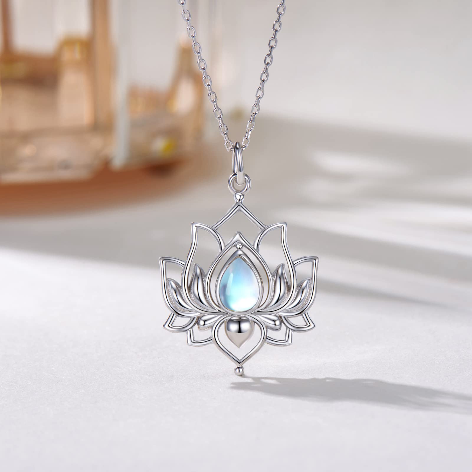 Moonstone Lotus Necklaces for Women,925 Sterling Silver Lotus Pendant Necklace with Rainbow Moonstone, Sterling Silver, Moonstone