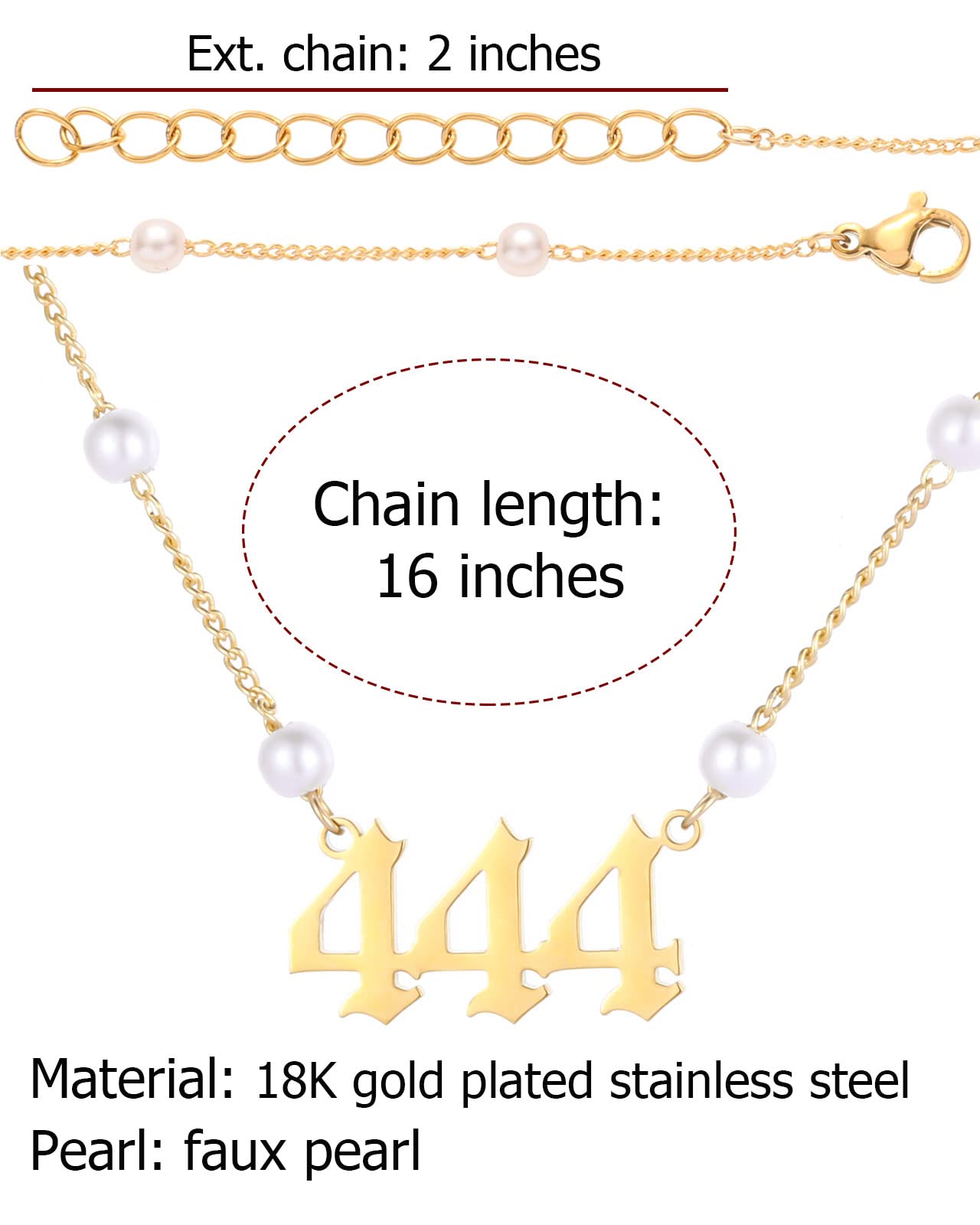 TGOLM 444 Necklace Gold Plated Stainless Steel Faux Pearl Choker Angel Number Chain Gift for Women 16"